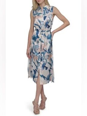 NWT DKNY Sleeveless Collared Button Front Midi Shirtdress Dress In Spring Navy